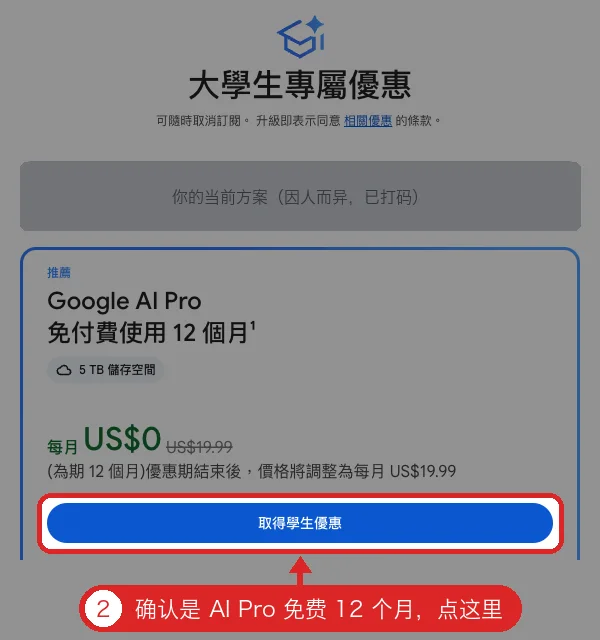 University student offer page showing Google AI Pro free for 12 months, with the get-student-offer button boxed in red (current plan row masked)