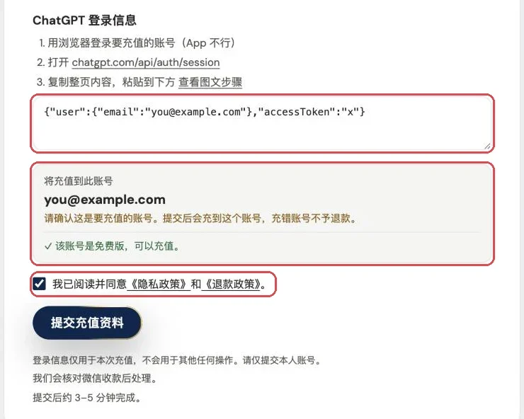 把复制的内容粘贴到“ChatGPT 登录信息”输入框后，页面显示将充值的账号和状态